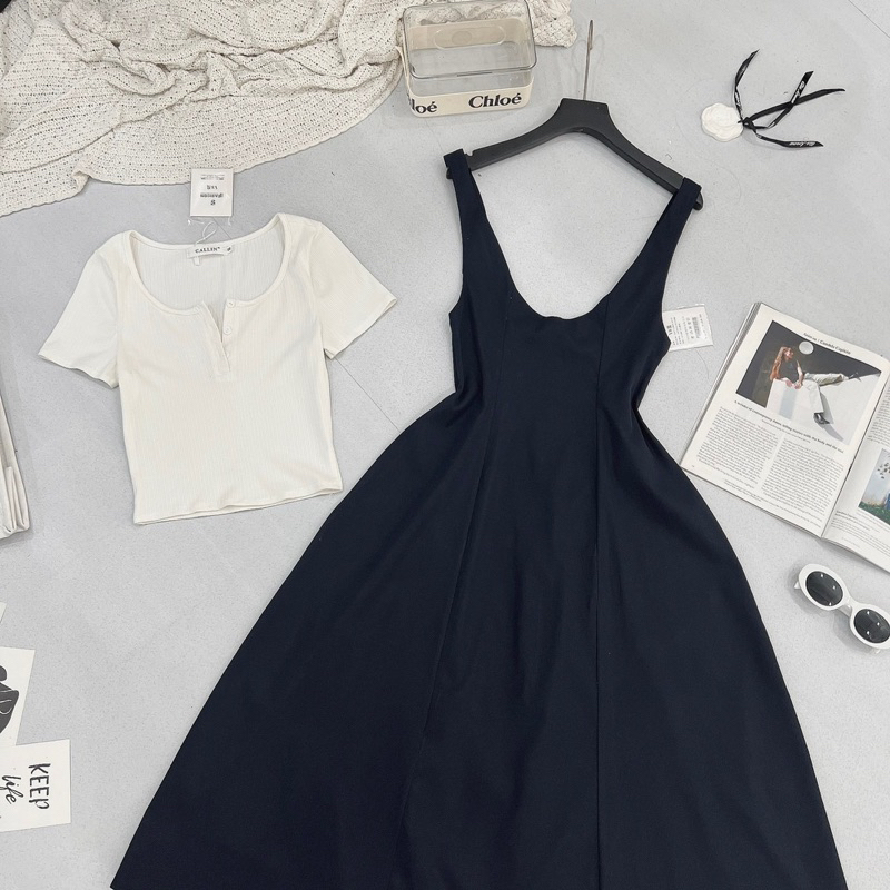 Set Váy Yếm Dáng Dài Phối Cùng Áo Phông Ngắn Tay Đi Làm Đi Chơi Đi Biển Siêu Đẹp