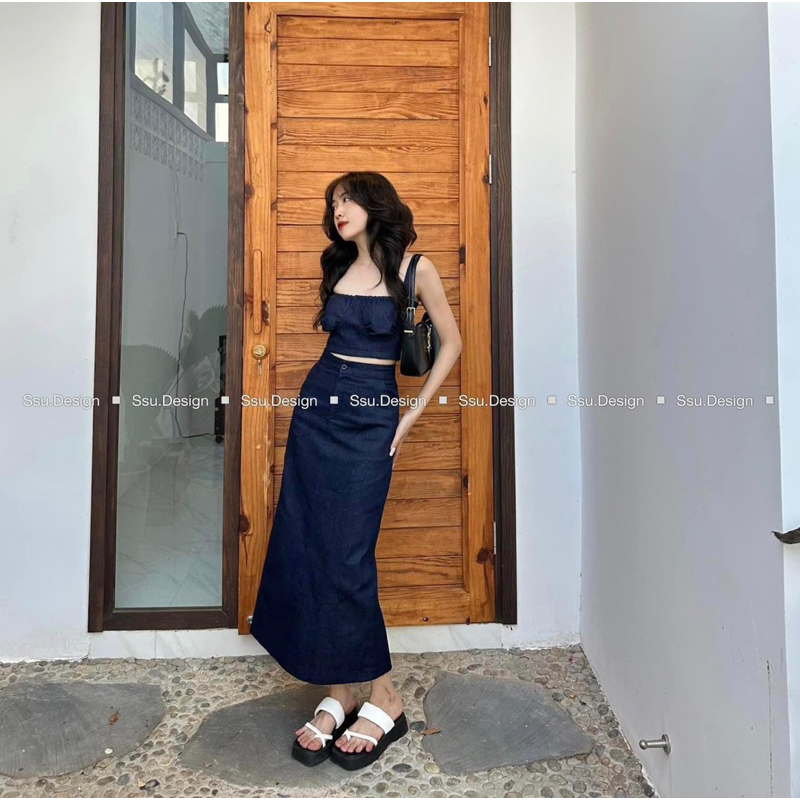 Set Demin Áo 2 Dây Dáng Croptop Phối Chân Váy Dáng Dài, Set Đi Biển, Đi Chơi Siêu Xinh