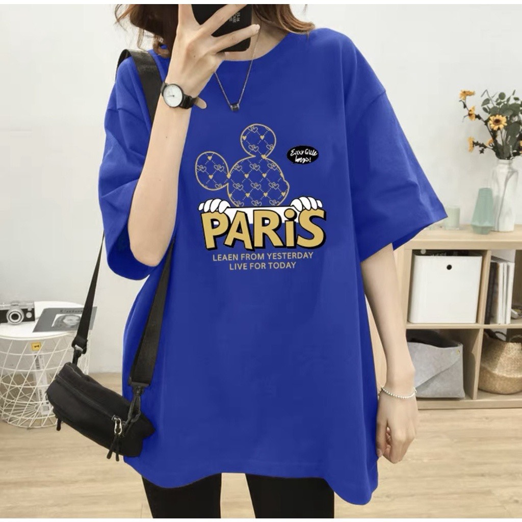 SWELEE at0137 Áo thun nam nữ cotton form rộng tay lỡ unisex hình in chuột mickey Paris