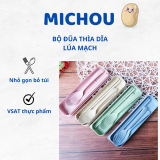 Bộ thìa,dĩa,đũa,muỗng cá nhân bằng lúa mạch có hộp đựng