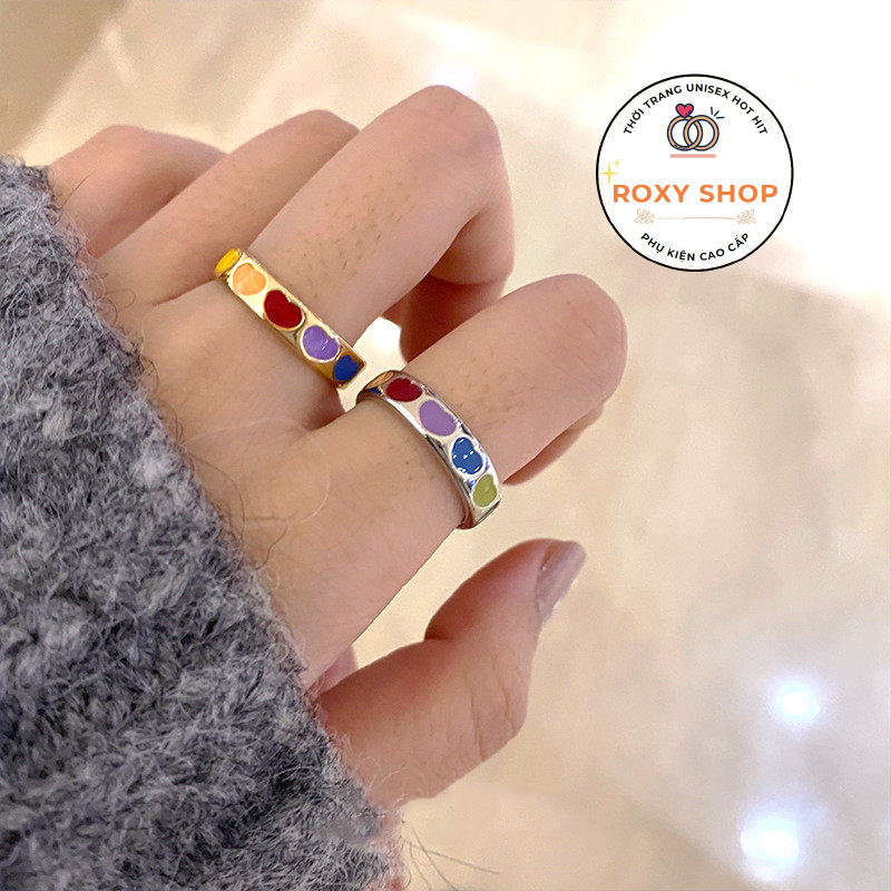 Nhẫn hở trái tim màu cầu vồng Roxy shop đơn giản cho cặp đôi NDD1