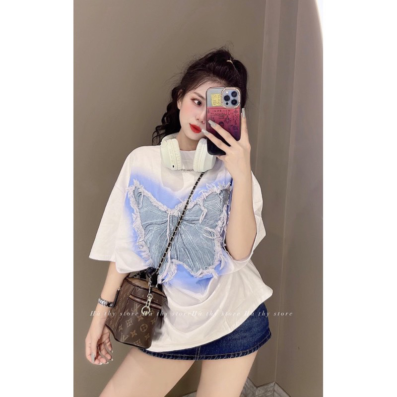 Áo Thun Hình Bướm Jean Kèm Ảnh Thật,Áo Unisex Hình Bướm Chất Bò