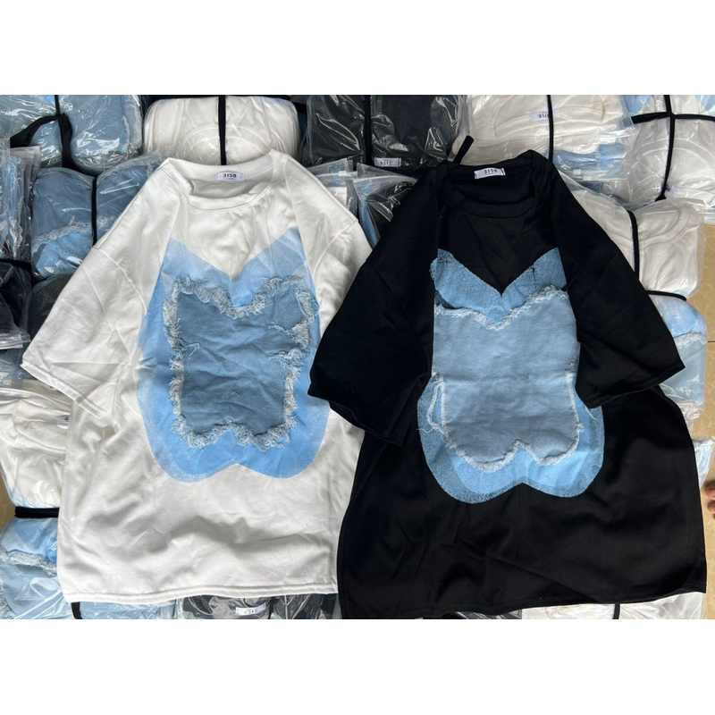 Áo Thun Hình Bướm Jean Kèm Ảnh Thật,Áo Unisex Hình Bướm Chất Bò