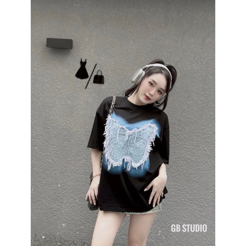 Áo Thun Hình Bướm Jean Kèm Ảnh Thật,Áo Unisex Hình Bướm Chất Bò