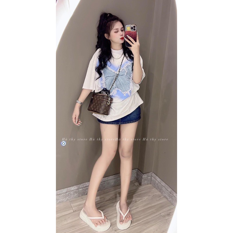 Áo Thun Hình Bướm Jean Kèm Ảnh Thật,Áo Unisex Hình Bướm Chất Bò