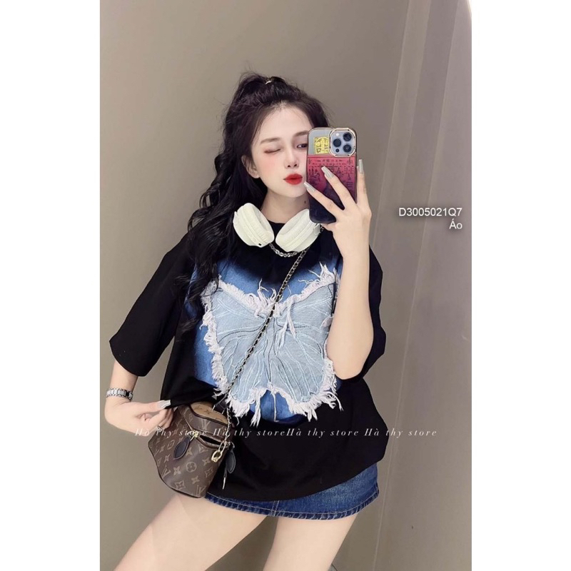 Áo Thun Hình Bướm Jean Kèm Ảnh Thật,Áo Unisex Hình Bướm Chất Bò
