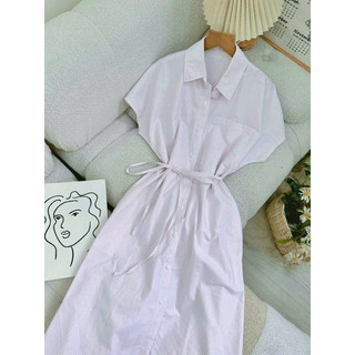 Florence - Đầm sơ mi oversize sọc kèm dây eo
