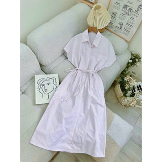 Florence - Đầm sơ mi oversize sọc kèm dây eo