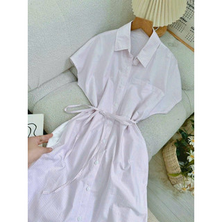 Florence - Đầm sơ mi oversize sọc kèm dây eo