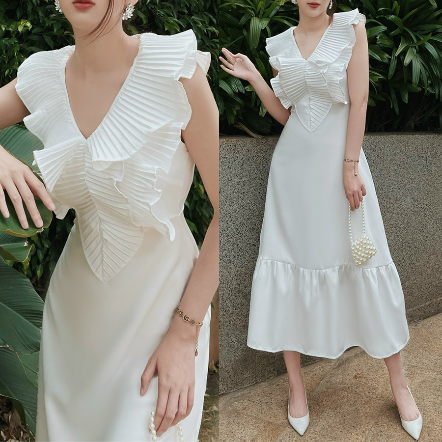 Đầm maxi bèo dập ly, cổ V đi biển