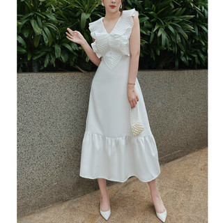 Đầm maxi bèo dập ly, cổ V đi biển
