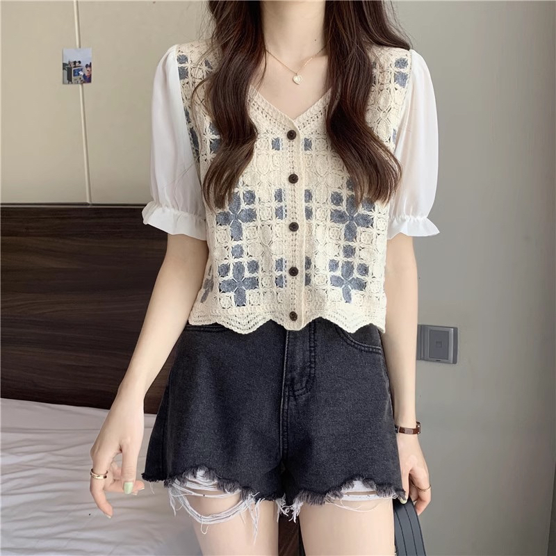 Áo sơ mi đan sợi hoa thêu DA612