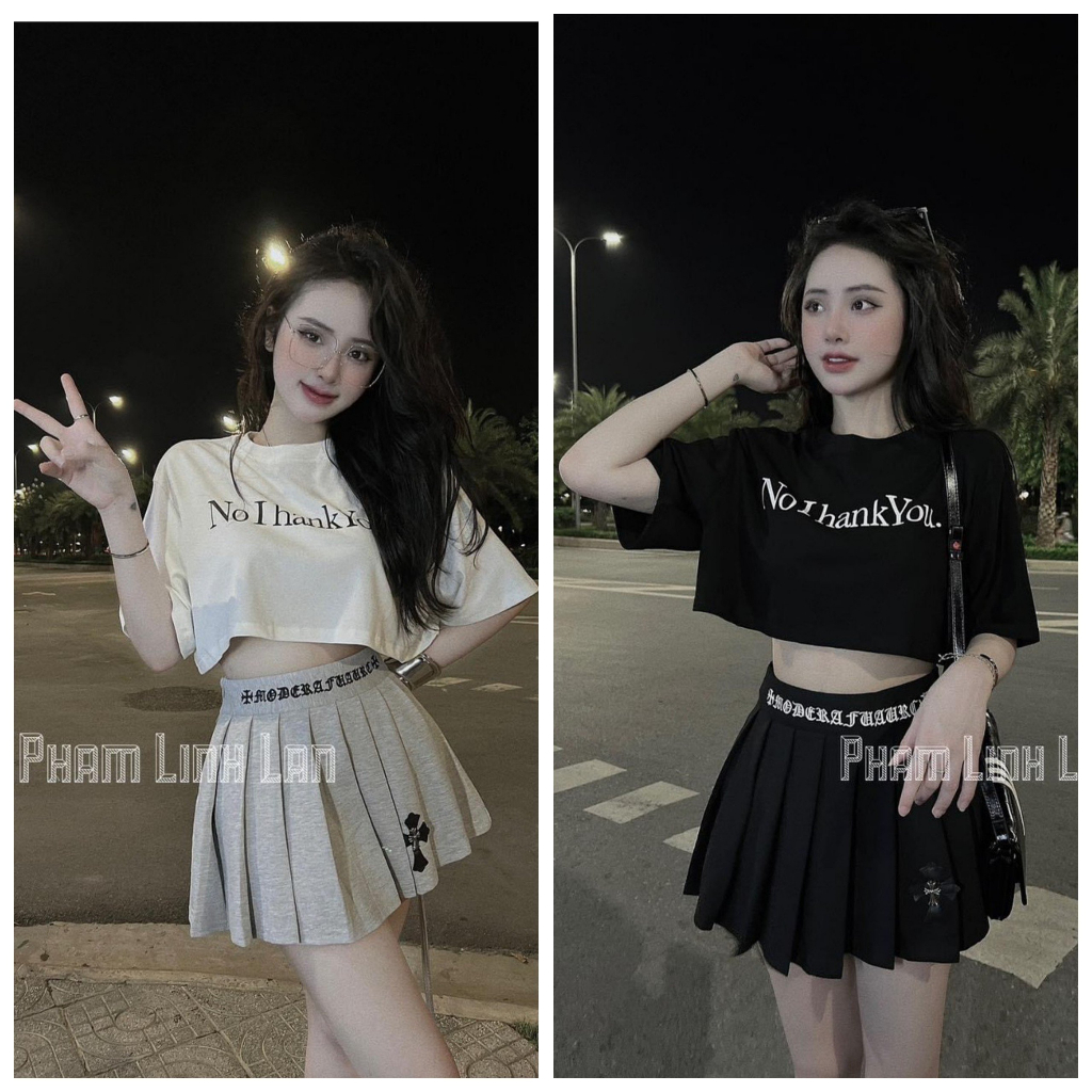Set Bộ Đồ Nữ Áo Croptop Ngắn Tay NO I THANK YOU Mix Chân Váy Tennis Thêu Xếp Ly Freesize