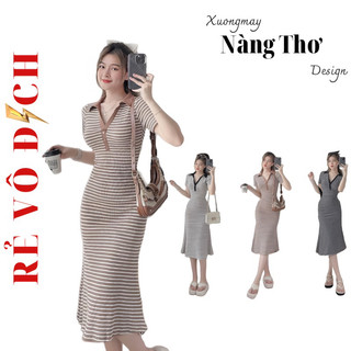  D154 Đầm cổ bẻ sọc dáng xòe nhẹ chất len tăm co giãn mạnh 