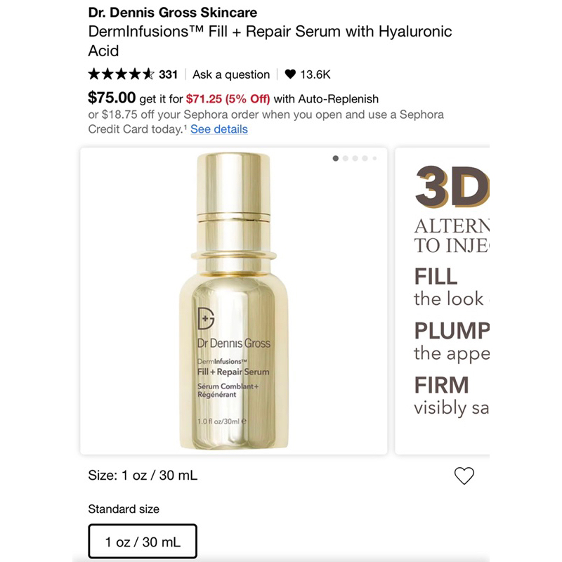 Serum dưỡng mini 7ml Dr. Dennis Gross DermInfusions™ Fill + Repair Serum with Hyaluronic Acid $17.5