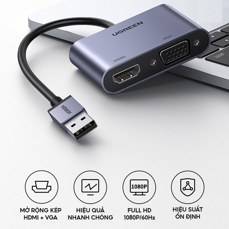 Cáp chuyển đổi USB 3.0 sang HDMI + VGA 1080P/60Hz Ugreen 20518 cao cấp