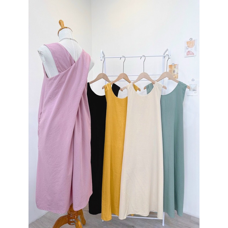 Đầm linen thun sát nách chéo lưng dáng A xoè có túi