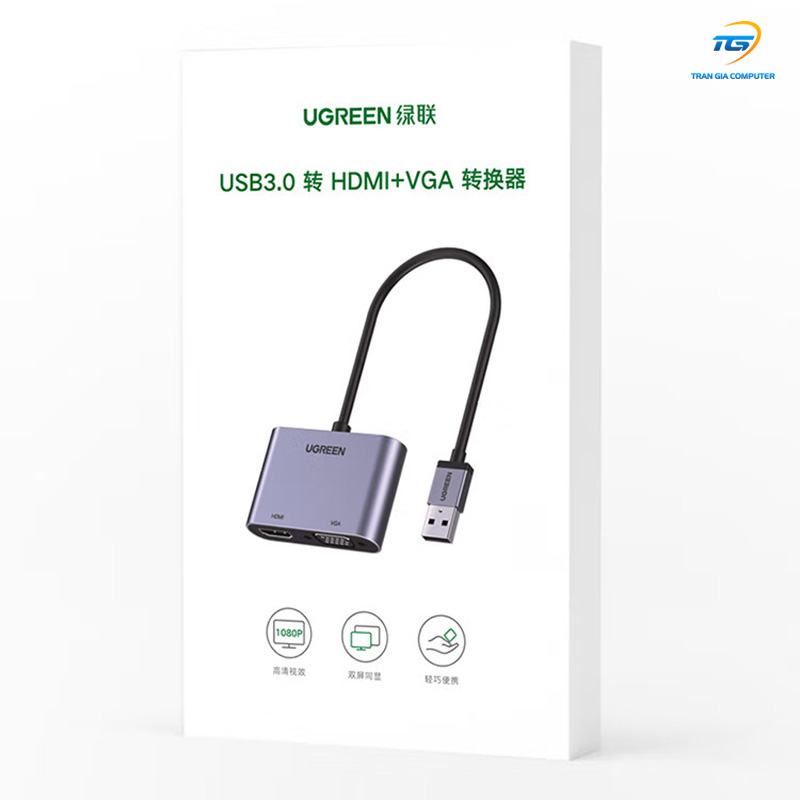 Cáp chuyển đổi USB 3.0 sang HDMI + VGA 1080P/60Hz Ugreen 20518 cao cấp