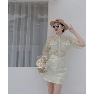 Set Đồ Nữ Sơ Mi Tơ Hoa Mix Chân Váy Siêu Xinh, Vải Tơ Hoa Nhũ QC Phối Túi, Chân Váy 2 Lớp Có Quần Trong.