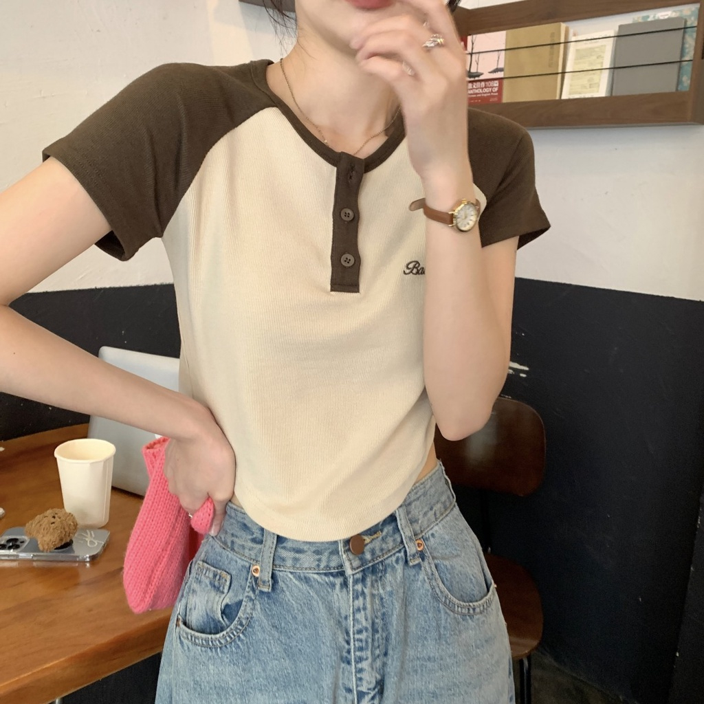 Áo thun Croptop ngắn tay cổ tròn BABYGID Nhiều Cúc Hot Trend, Áo phông cộc tay màu sắc tương phản thời trang mùa hè AP07 | BigBuy360 - bigbuy360.vn