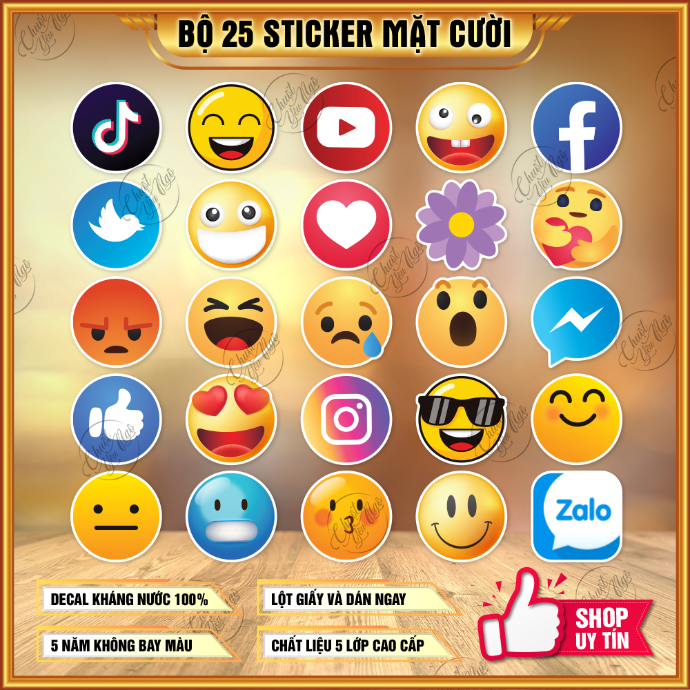 Combo 25 sticker biểu cảm logo mạng xã hội like mặt cười cảm xúc ngộ nghĩnh