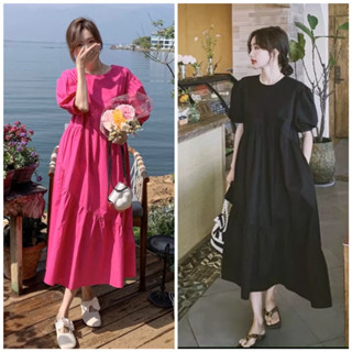  Đầm babydoll suông dài thoải mái hồng neon đen 