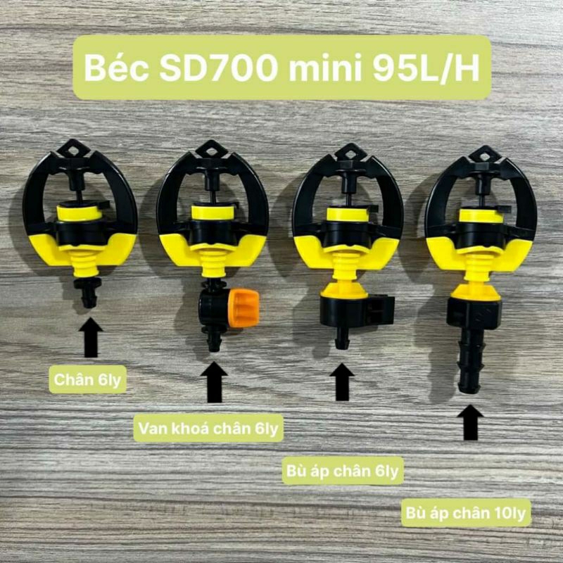 Bịch 100 Béc SD700 T700 mini bù áp 30l-95 lít/h tưới gốc chống côn trùng đuôi gắn ống LDPE 6mm 10mm