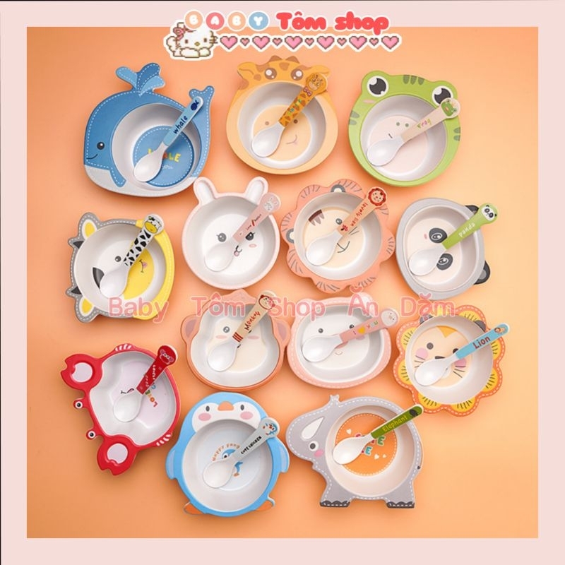 Bát ăn dặm sợi tre size nhỏ 150ml hình con vật ngộ nghĩnh cho bé, Baby Tôm, set khay bát cốc thìa dĩa cho bé