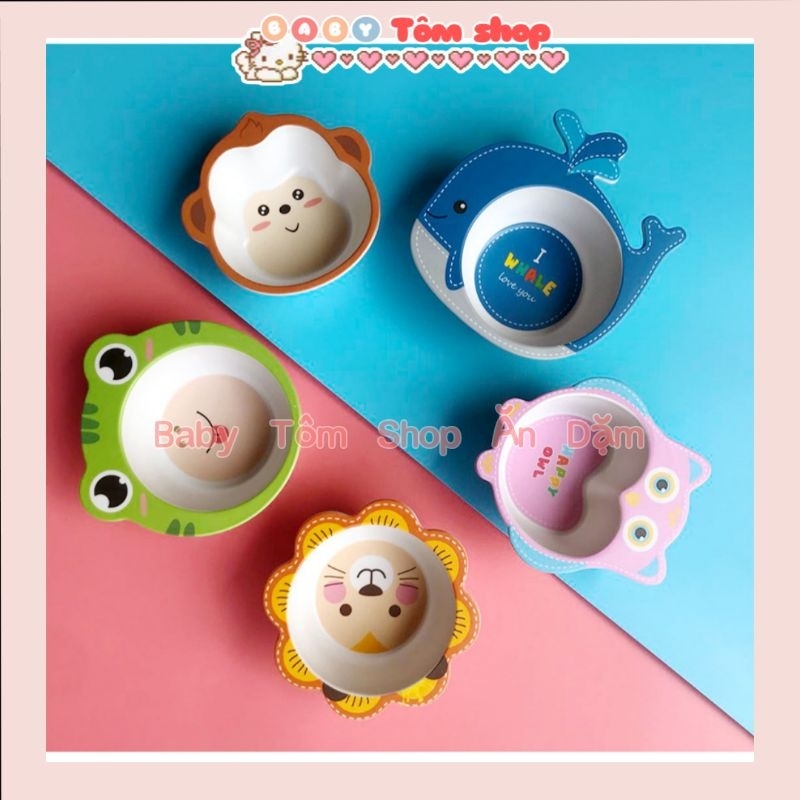 Bát ăn dặm sợi tre size nhỏ 150ml hình con vật ngộ nghĩnh cho bé, Baby Tôm, set khay bát cốc thìa dĩa cho bé