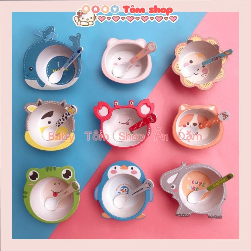 Bát ăn dặm sợi tre size nhỏ 150ml hình con vật ngộ nghĩnh cho bé, Baby Tôm, set khay bát cốc thìa dĩa cho bé
