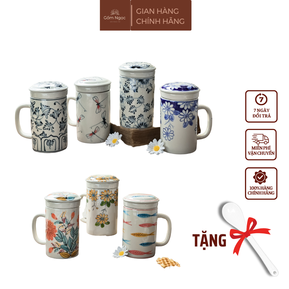 Cốc Lọc Trà Cốc Uống Nước Gốm Sứ Bát Tràng Nhiều Họa Tiết Có Nắp Và Quai Cầm Dung Tích 300ml