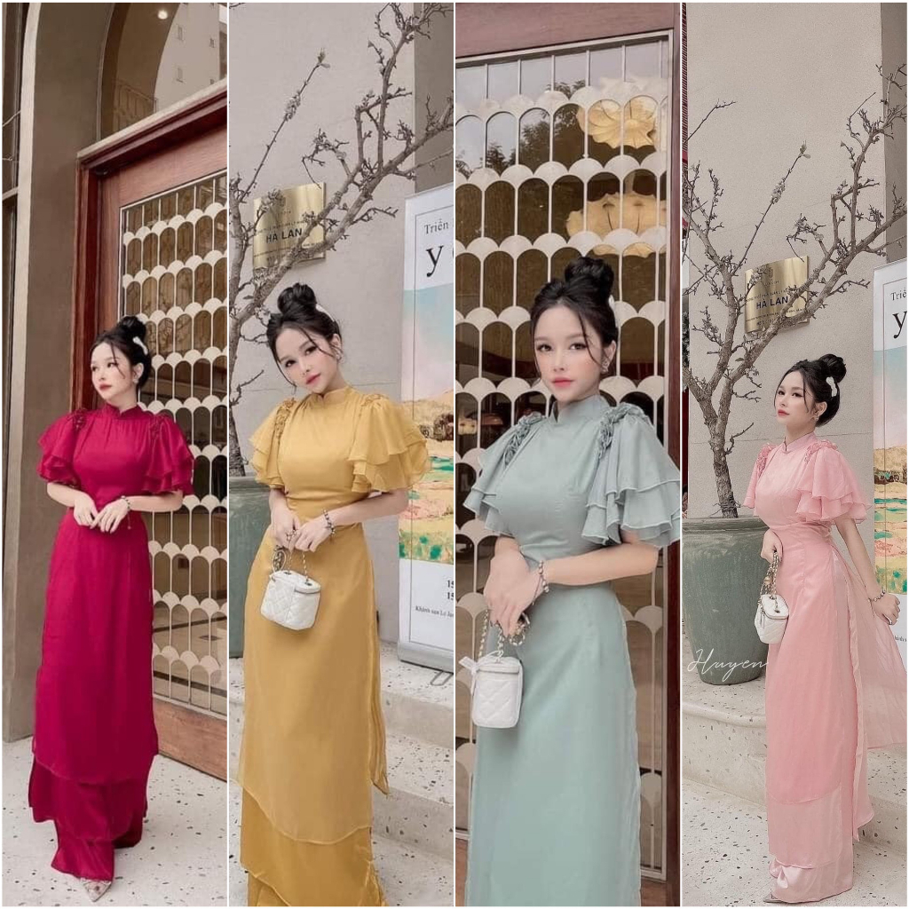 Áo Dài Cách Tân Tay Bèo Cánh Tiên 4 Tà Lụa Tơ Thiết Kế Chuẩn Phom Cam kết Chất Lượng