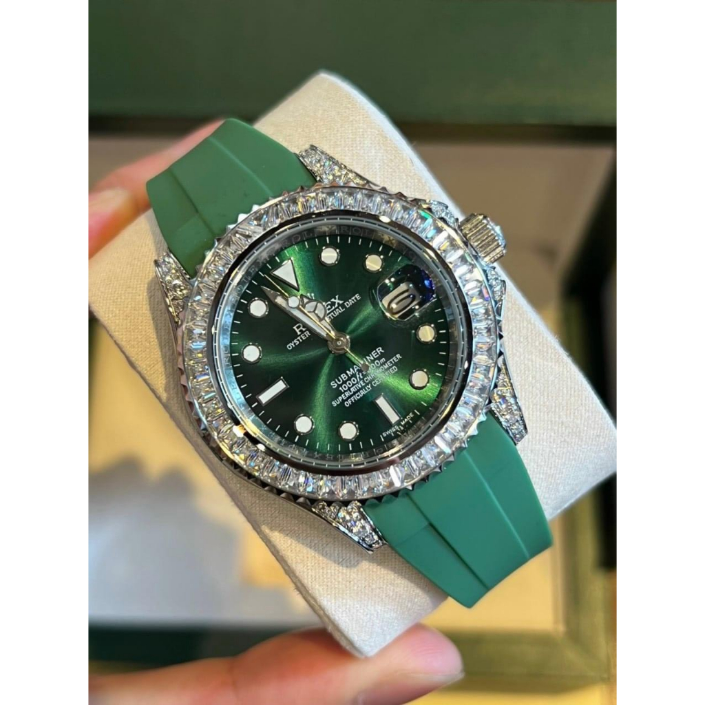 Đồng Hồ Nam R0lex Submariner viền đá CZ, dây cao su, máy cơ automatic, hỗ trợ cót tay