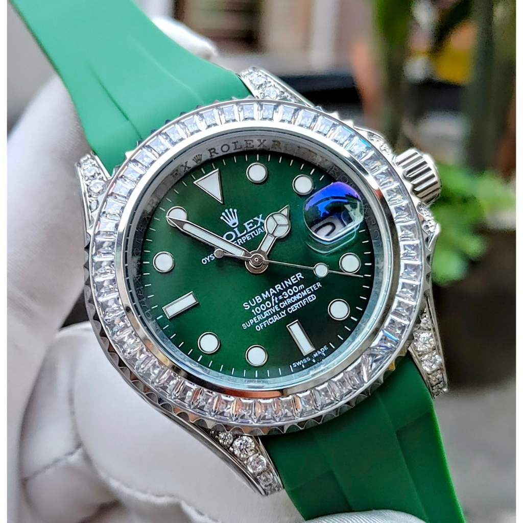 Đồng Hồ Nam R0lex Submariner viền đá CZ, dây cao su, máy cơ automatic, hỗ trợ cót tay
