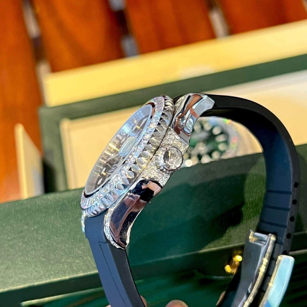 Đồng Hồ Nam R0lex Submariner viền đá CZ, dây cao su, máy cơ automatic, hỗ trợ cót tay