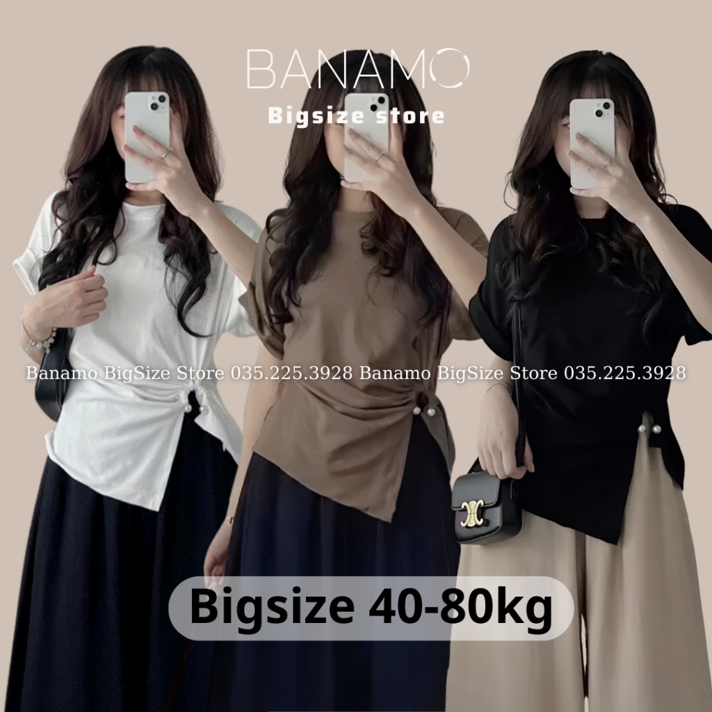Áo thun trơn BIGSIZE tay hến nhún eo phối ngọc 3120