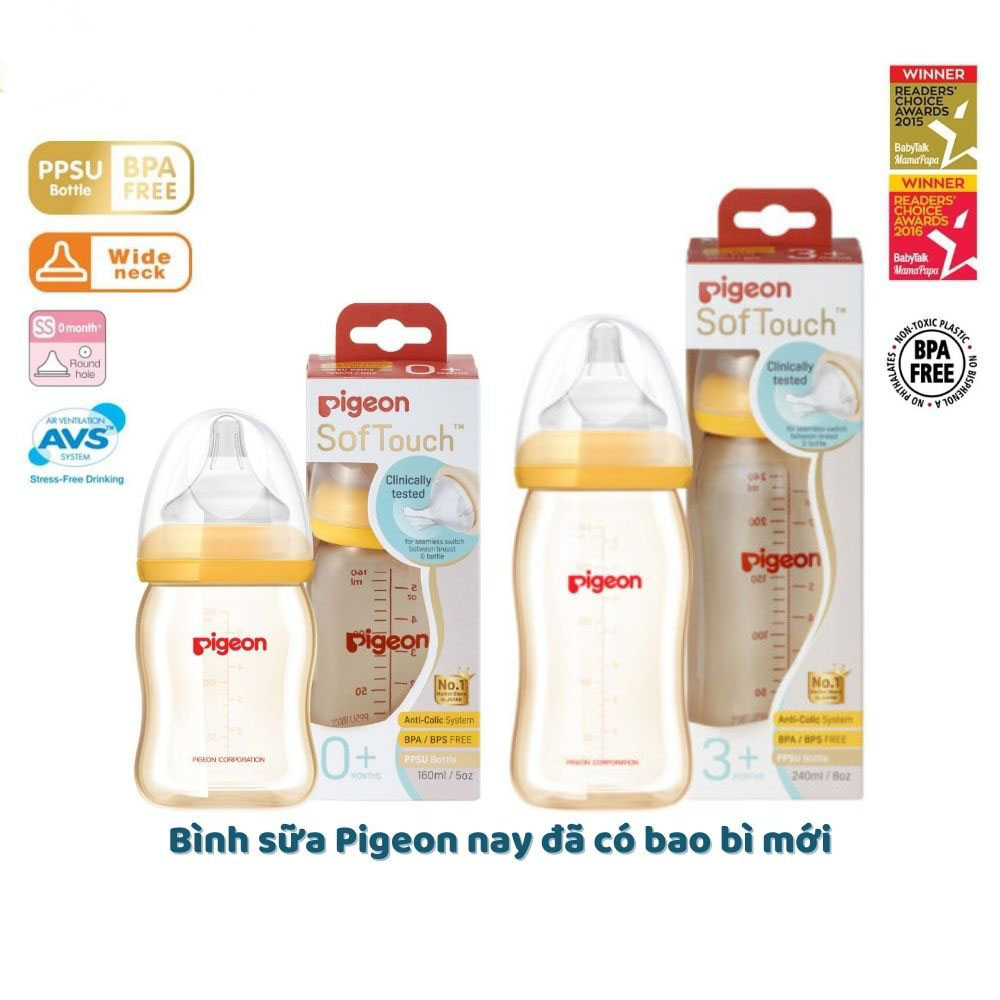Bình sữa cổ rộng PPSU Plus Pigeon Softouch (PHIÊN BẢN MỚI) 160ml/ 240ml - Thỏ hồng shop