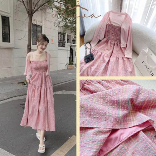 Đâm Maxi Đi Biển Dáng Dài Hở Lưng Caro Sọc Hồng, Váy Maxi Nữ Đi Biển 2 Dây Kèm Áo Khoác Đầm Midi Dáng Dài Hồng Dài