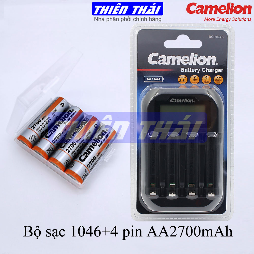 Bộ sạc Camelion BC-1046,kèm pin AA2700mAh,AA2500mAh,AAA1100mAh,Máy sạc nhanh,tự ngắt