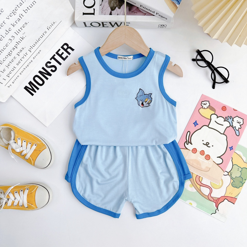 Bộ ba lỗ chạy dây viền in hình thú nhỏ 4 màu cho bé trai bé gái