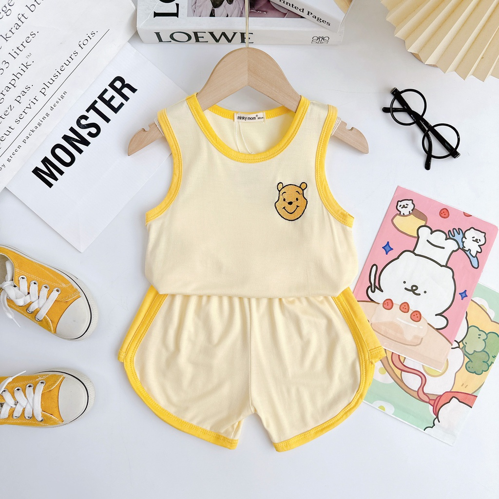 Bộ ba lỗ chạy dây viền in hình thú nhỏ 4 màu cho bé trai bé gái