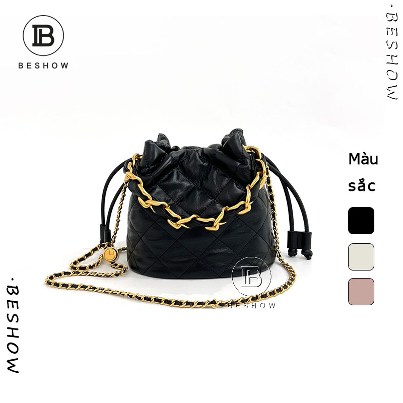 Túi nữ BESHOW, túi da hàng hiệu, túi mini, túi bucket, túi cao cấp, dây rút thời trang đa năng