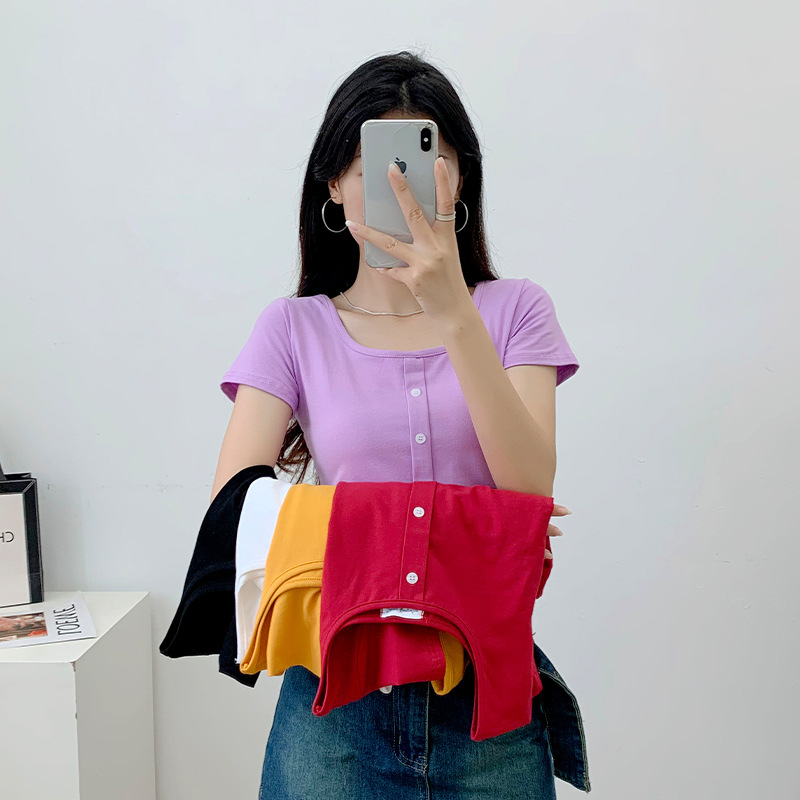 Áo phông nữ thun cotton croptop chất đẹp dáng ôm body cổ vuông cộc tay ngắn Hàn quốc cao cấp mềm mịn thoáng khí AP10