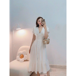 ĐẦM FORM DÁNG TIỂU THƯ ĐIỂM NHẤN LÀ HÀNG NÚT BỌC- Hình shop chụp thật