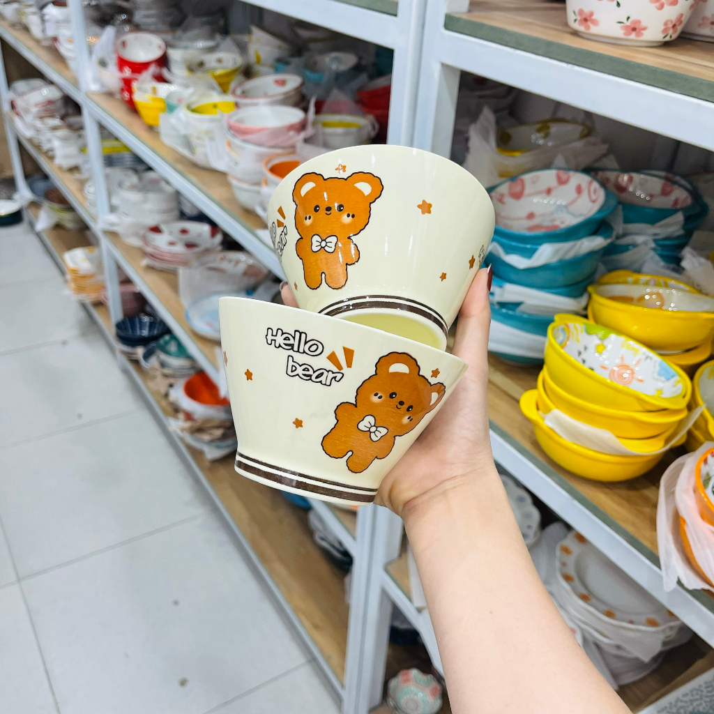 Bát ăn cơm, Bát chè, Chén dĩa dễ thương Chén sứ decor kiểu dáng Bát Nón hoạ tiết gấu nâu siêu đẹp