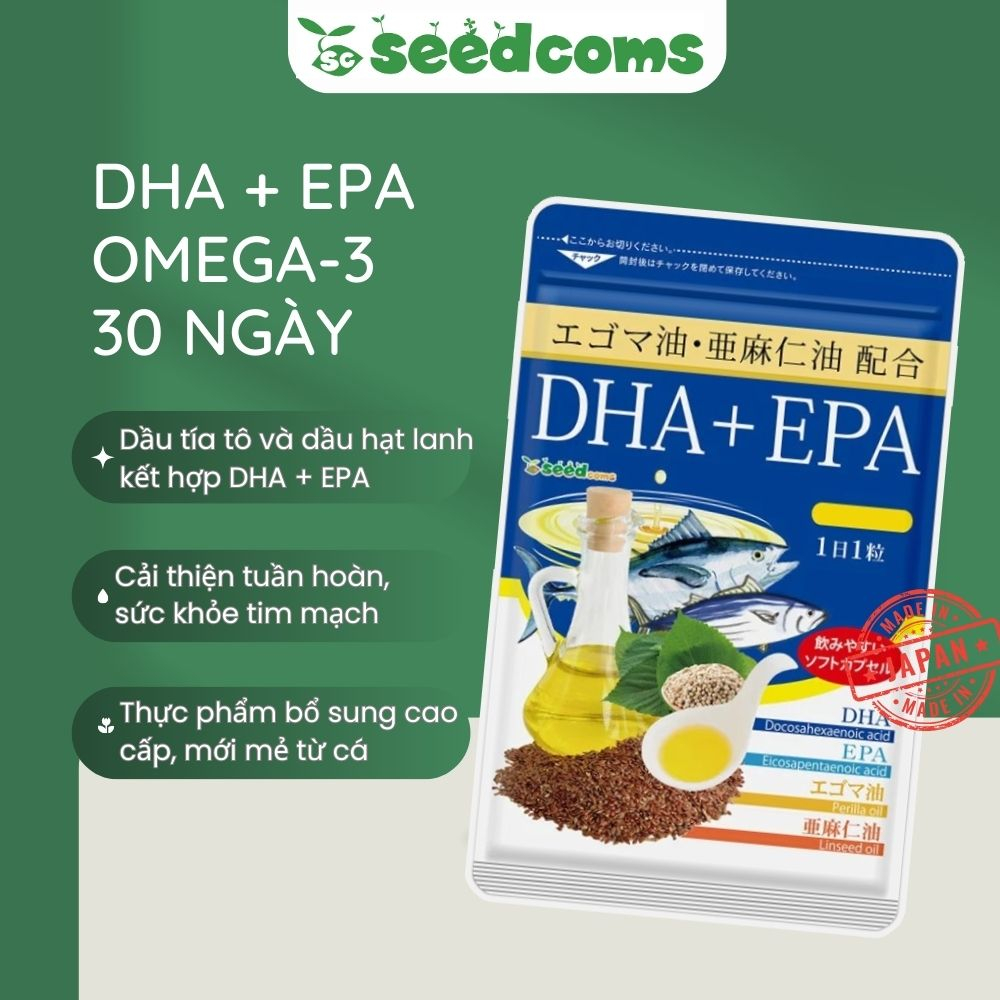 Viên uống DHA + EPA kết hợp dầu tía tô, hạt lanh Seedcoms Nhật Bản giúp bổ não, cải thiện tuần hoàn, tim mạch