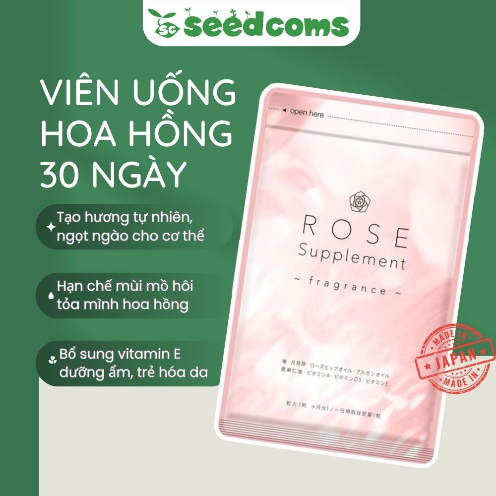 Viên uống thơm cơ thể hoa hồng Seedcoms ROSE SUPPLEMENT dưỡng ẩm, trẻ hóa da chiết xuất hoa hồng Nhật, Pháp