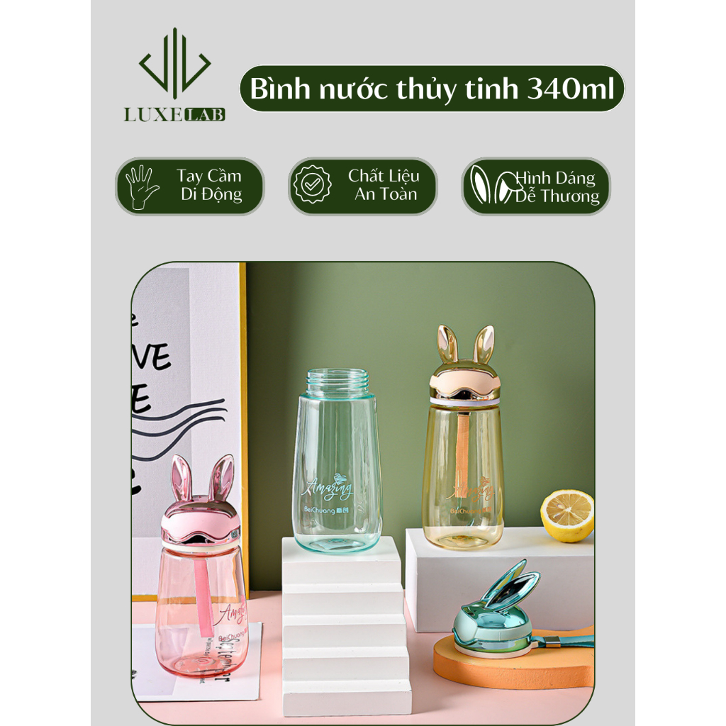 Bình Uống Nước 340ml Tai Thỏ Đáng Yêu Có Dây Đeo Cầm Tay Tiện Dụng LUXELAB 12085