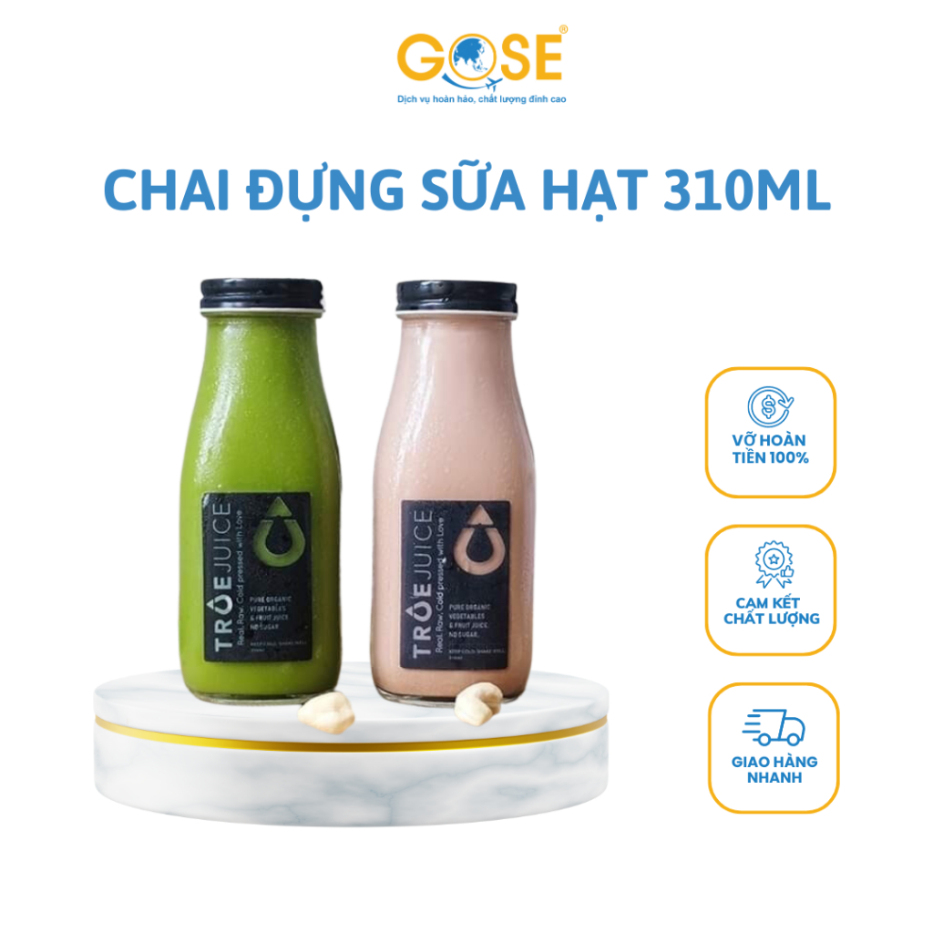 Chai lọ thủy tinh đựng sữa hạt 310ml GOSE nắp nhôm đựng trà sinh tố nước ép