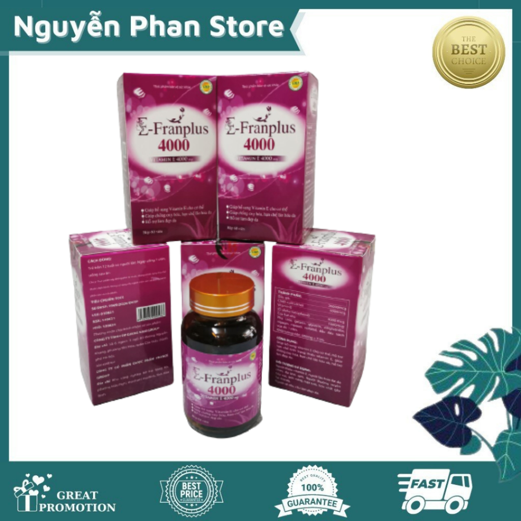 E - Franplus 4000 Viên Uống Bổ Sung Vitamin E Chiết Xuất Từ Lô Hội Chống Oxy Hóa, Chống Lão Hóa Da Hộp 60 Viên